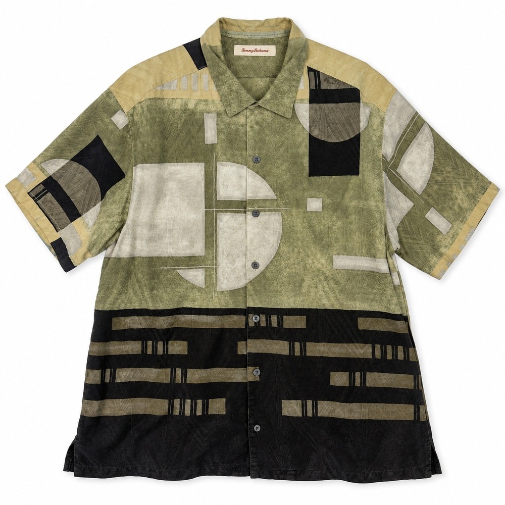 Tommy Bahama Silk Abstract Geometric Print Shirt Mens XL Green Short Sleeve